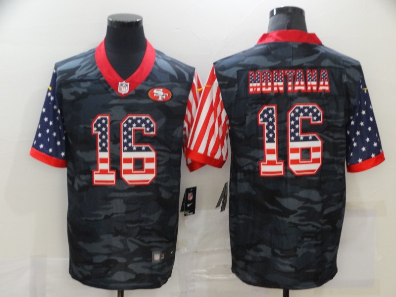 Men's San Francisco 49ers #16 Joe Montana 2020 Camo USA Flag Limited Stitched Jersey
